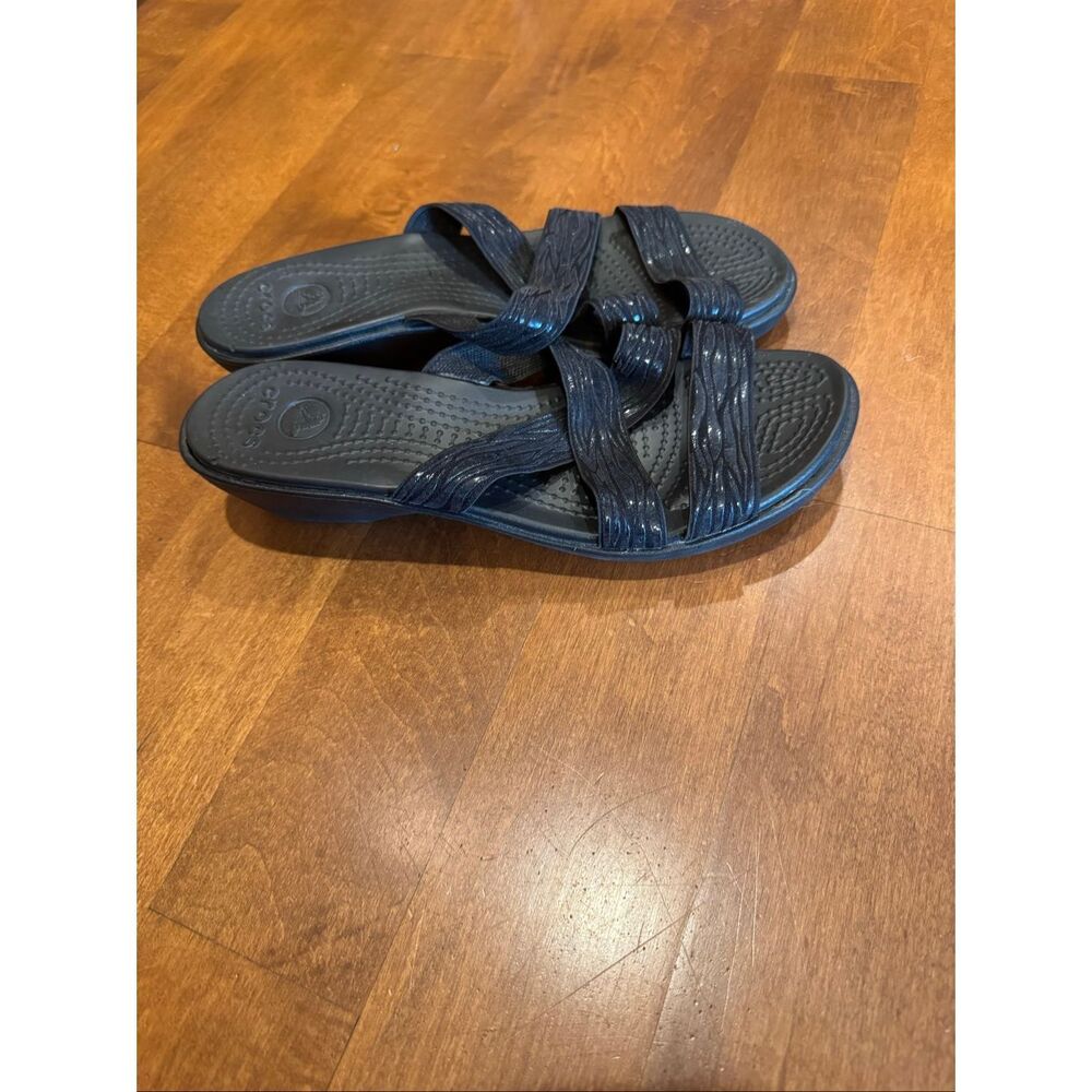 Crocs Women’s Size 9 Black Stretch Strap Wedge Sandals Comfort Slip On Shoes